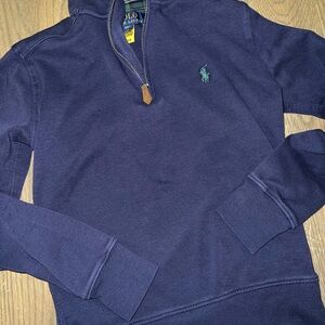 Polo Ralph Lauren Youth Quarter Zip Pullover Navy Blue Plaid Sz Small 8